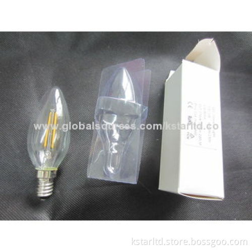 LED filament bulb C35, 2W, glass cover, E14 base, 220-240V or 110V-130V AC, CE and RoHS
